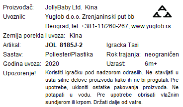 Jollybaby autić na potez –Taxi 8185J-2 deklaracija